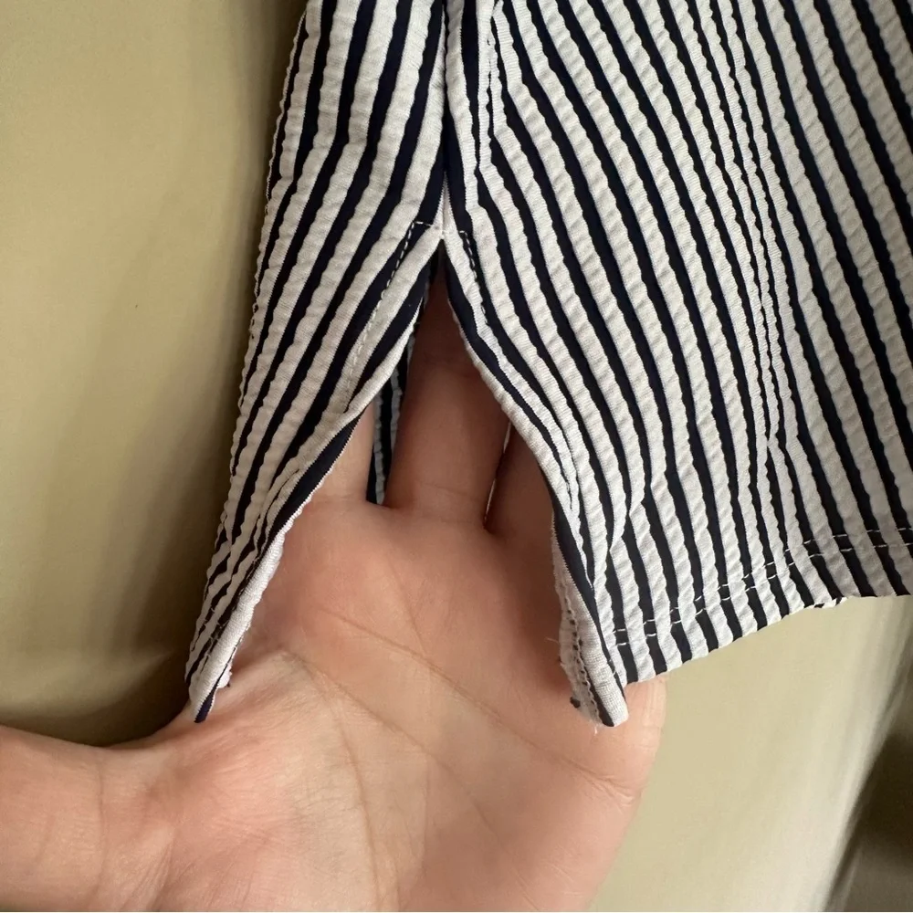 Cacique Swim Suit 42DDD Top sz 24 Bottom Navy White Seersucker Tankini Plunge - Picture 9 of 15